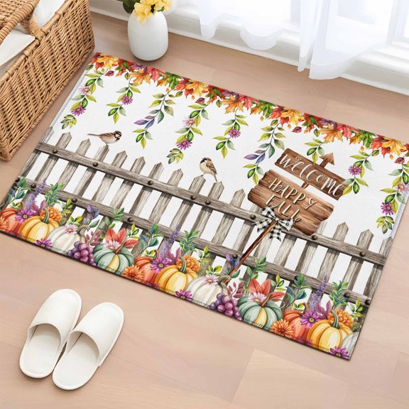 Area Rug 2 x 3 Ft, Thanksgiving Pumpkins Indoor Accent Bathroom Rugs for Kitchen/Laundry Room, Fall Leaves Country Wildflowers Fence Washable Non-Slip Runner Floor Mat for Entryway, Living Room
