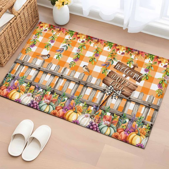 Area Rug 2 x 3 Ft, Thanksgiving Pumpkins Indoor Accent Bathroom Rugs for Kitchen/Laundry Room, Fall Leaves Pastoral Fence Orange Check Washable Non-Slip Runner Floor Mat for Entryway, Living Room