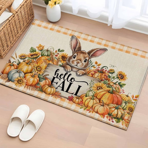 Area Rug 2 x 3 Ft, Thanksgiving Rabbit Indoor Accent Bathroom Rugs for Kitchen/Laundry Room, Fall Pumpkin Sunflower Retro Orange Plaid Washable Non-Slip Runner Floor Mat for Entryway, Living Room