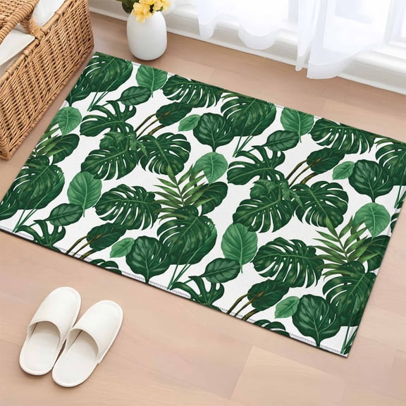 Area Rug 2 x 3 Ft, Tropical Palm Leaf Indoor Accent Bathroom Rugs for Kitchen/Laundry Room, Spring Summer Watercolor Green Plants Washable Non-Slip Runner Floor Mat for Entryway, Living Room