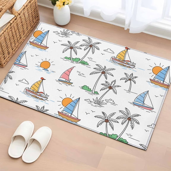 Area Rug 2 x 3 Ft, Tropical Plants Indoor Accent Bathroom Rugs for Kitchen/Laundry Room, Cartoon Summer Palm Tree Sun Ship Funny Washable Non-Slip Runner Floor Mat for Entryway, Living Room