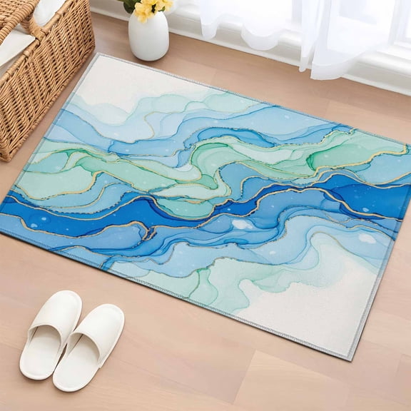 Area Rug 2 x 3 Ft, Turquoise Blue Marble Indoor Accent Bathroom Rugs for Kitchen/Laundry Room, Abstract Art Modern Fluid Marble Washable Non-Slip Runner Floor Mat for Entryway, Living Room