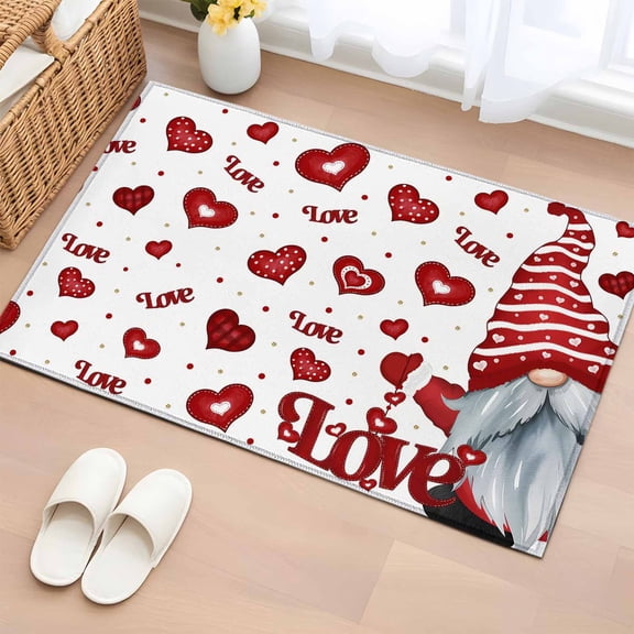 Area Rug 2 x 3 Ft, Valentine's Day Gnomes Indoor Accent Bathroom Rugs for Kitchen/Laundry Room, Love Heart Red Washable Non-Slip Runner Floor Mat for Entryway, Living Room