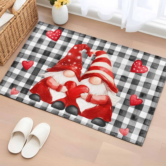 Area Rug 2 x 3 Ft, Valentine's Day Indoor Accent Bathroom Rugs for Kitchen/Laundry Room, Cute Gnomes Red Love Heart Vintage Plaid Washable Non-Slip Runner Floor Mat for Entryway, Living Room