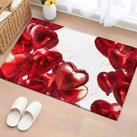 Area Rug 2 x 3 Ft, Valentine's Day Indoor Accent Bathroom Rugs for Kitchen/Laundry Room, Dark Red Love Heart Ballons Romantic Washable Non-Slip Runner Floor Mat for Entryway, Living Room
