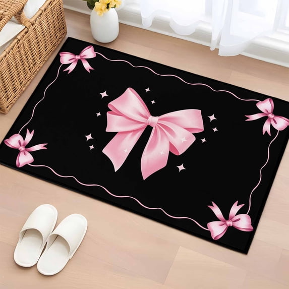 Area Rug 2 x 3 Ft, Valentine's Day Indoor Accent Bathroom Rugs for Kitchen/Laundry Room, Pink Bowknot Ribbon on Black Mother's Day Washable Non-Slip Runner Floor Mat for Entryway, Living Room