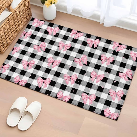 Area Rug 2 x 3 Ft, Valentine's Day Indoor Accent Bathroom Rugs for Kitchen/Laundry Room, Pink Bows Shining Stars Farmhouse Plaid Washable Non-Slip Runner Floor Mat for Entryway, Living Room