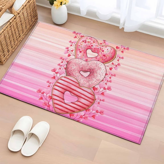 Area Rug 2 x 3 Ft, Valentine's Day Indoor Accent Bathroom Rugs for Kitchen/Laundry Room, Pink Gradient Love Hearts Desserts Washable Non-Slip Runner Floor Mat for Entryway, Living Room