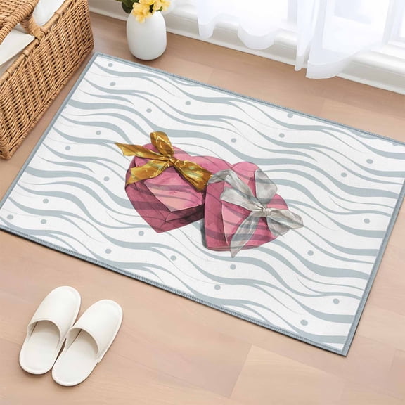 Area Rug 2 x 3 Ft, Valentine's Day Indoor Accent Bathroom Rugs for Kitchen/Laundry Room, Pink Love Box Abstract Point Stripes Washable Non-Slip Runner Floor Mat for Entryway, Living Room