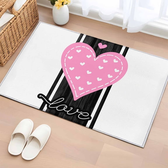 Area Rug 2 x 3 Ft, Valentine's Day Indoor Accent Bathroom Rugs for Kitchen/Laundry Room, Pink Love Hearts Romantic Black Striped Washable Non-Slip Runner Floor Mat for Entryway, Living Room
