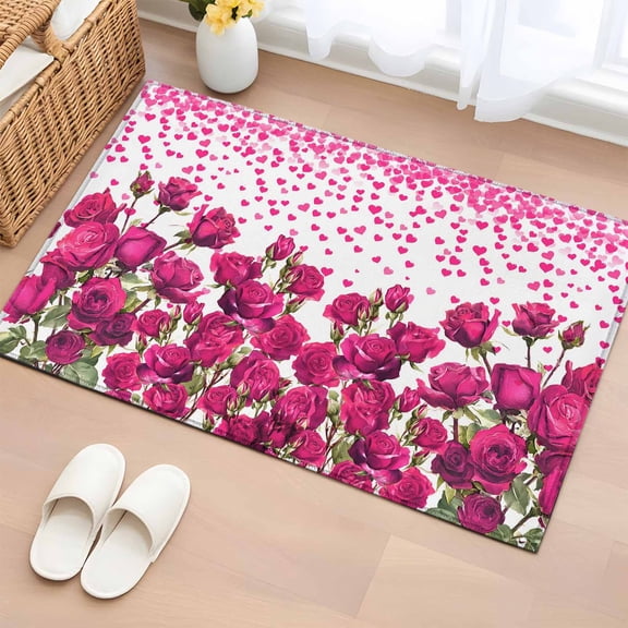 Area Rug 2 x 3 Ft, Valentine's Day Indoor Accent Bathroom Rugs for Kitchen/Laundry Room, Pink Roses Love Hearts Romantic Washable Non-Slip Runner Floor Mat for Entryway, Living Room