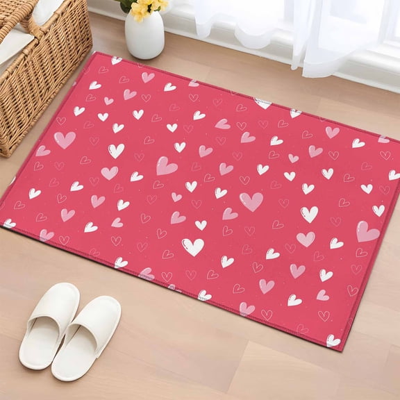 Area Rug 2 x 3 Ft, Valentine's Day Indoor Accent Bathroom Rugs for Kitchen/Laundry Room, Pink White Love Heart Romantic Washable Non-Slip Runner Floor Mat for Entryway, Living Room