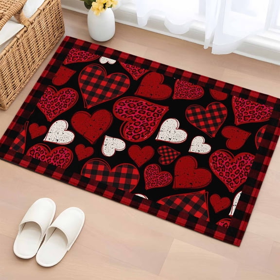 Area Rug 2 x 3 Ft, Valentine's Day Indoor Accent Bathroom Rugs for Kitchen/Laundry Room, Red Black Love Hearts Checkered Washable Non-Slip Runner Floor Mat for Entryway, Living Room
