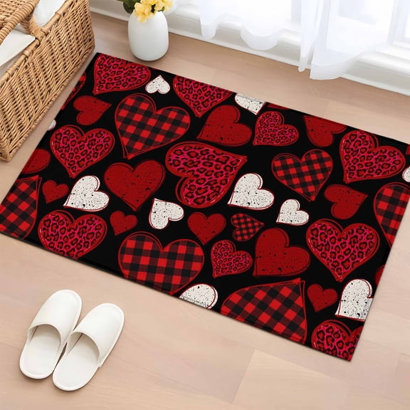 Area Rug 2 x 3 Ft, Valentine's Day Indoor Accent Bathroom Rugs for Kitchen/Laundry Room, Red Black Love Hearts Plaid Romantic Washable Non-Slip Runner Floor Mat for Entryway, Living Room