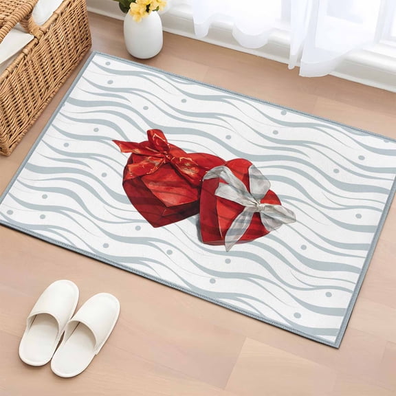 Area Rug 2 x 3 Ft, Valentine's Day Indoor Accent Bathroom Rugs for Kitchen/Laundry Room, Red Love Gift Box Abstract Dots Stripes Washable Non-Slip Runner Floor Mat for Entryway, Living Room