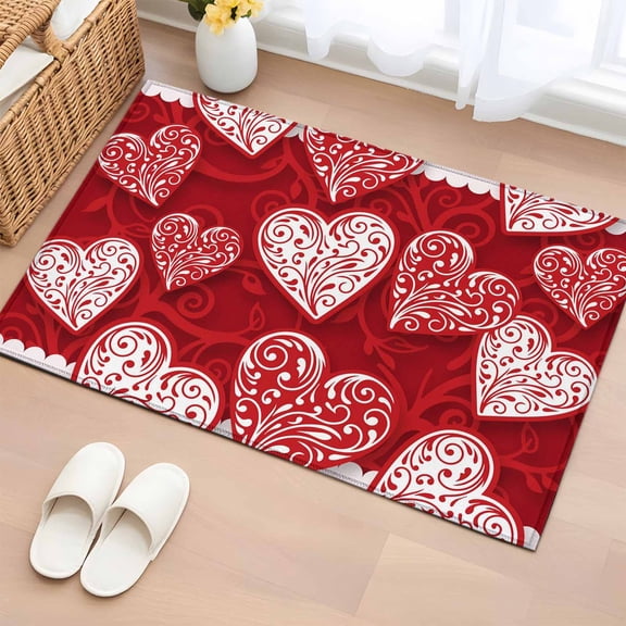 Area Rug 2 x 3 Ft, Valentine's Day Indoor Accent Bathroom Rugs for Kitchen/Laundry Room, Red Love Heart Romantic Art Washable Non-Slip Runner Floor Mat for Entryway, Living Room