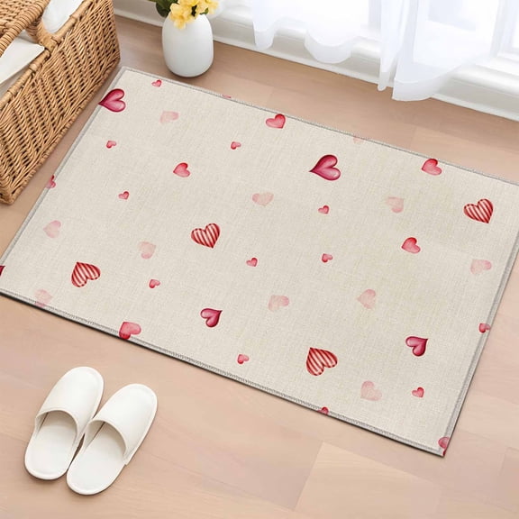Area Rug 2 x 3 Ft, Valentine's Day Indoor Accent Bathroom Rugs for Kitchen/Laundry Room, Red Love Heart Romantic Beige Burlap Washable Non-Slip Runner Floor Mat for Entryway, Living Room