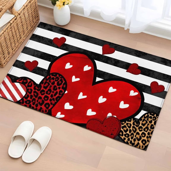 Area Rug 2 x 3 Ft, Valentine's Day Indoor Accent Bathroom Rugs for Kitchen/Laundry Room, Red Love Hearts Black Striped Romantic Washable Non-Slip Runner Floor Mat for Entryway, Living Room