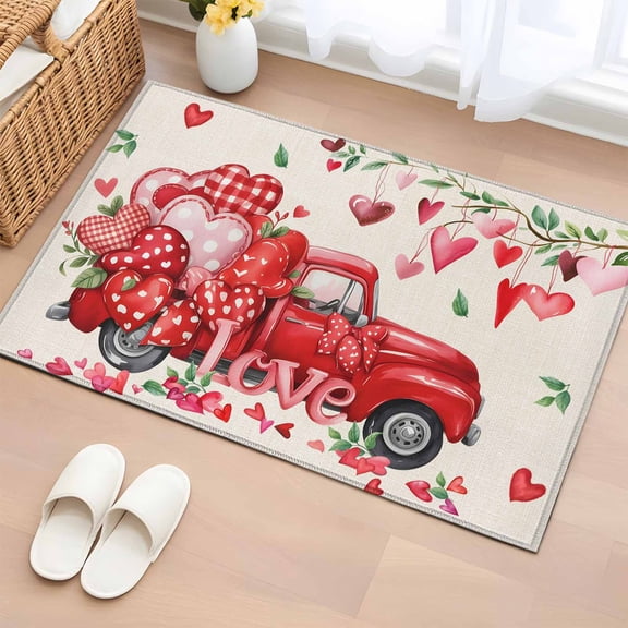 Area Rug 2 x 3 Ft, Valentine's Day Indoor Accent Bathroom Rugs for Kitchen/Laundry Room, Red Love Hearts Car Romantic Burlap Washable Non-Slip Runner Floor Mat for Entryway, Living Room