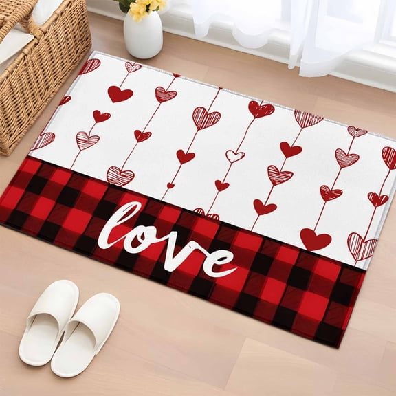 Area Rug 2 x 3 Ft, Valentine's Day Indoor Accent Bathroom Rugs for Kitchen/Laundry Room, Red Love Hearts Plaid Watercolor Washable Non-Slip Runner Floor Mat for Entryway, Living Room