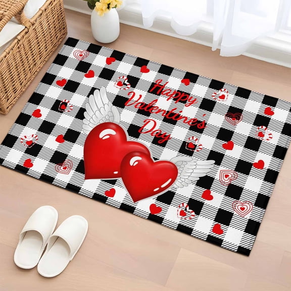 Area Rug 2 x 3 Ft, Valentine's Day Indoor Accent Bathroom Rugs for Kitchen/Laundry Room, Red Love Wings Romantic White Black Plaid Washable Non-Slip Runner Floor Mat for Entryway, Living Room