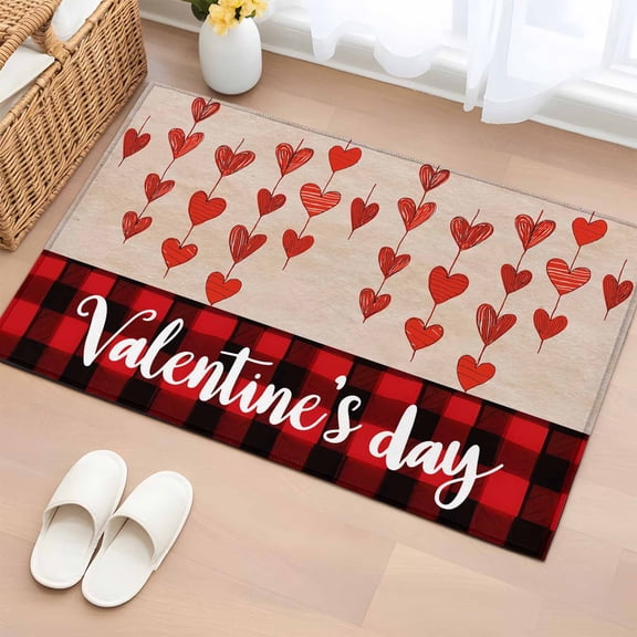 Area Rug 2 x 3 Ft, Valentine's Day Indoor Accent Bathroom Rugs for Kitchen/Laundry Room, Romantic Love Hearts Black Red Plaid Washable Non-Slip Runner Floor Mat for Entryway, Living Room