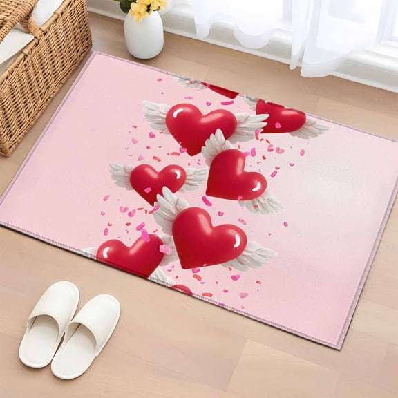 Area Rug 2 x 3 Ft, Valentine's Day Indoor Accent Bathroom Rugs for Kitchen/Laundry Room, Romantic Red Love Hearts Cute Washable Non-Slip Runner Floor Mat for Entryway, Living Room