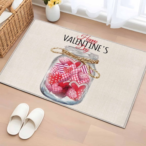 Area Rug 2 x 3 Ft, Valentine's Day Indoor Accent Bathroom Rugs for Kitchen/Laundry Room, Rustic Pink Love Hearts Bottle Burlap Washable Non-Slip Runner Floor Mat for Entryway, Living Room