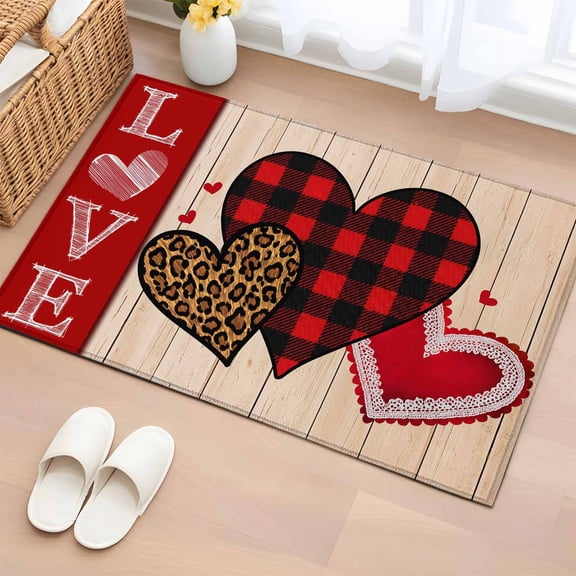 Area Rug 2 x 3 Ft, Valentine's Day Indoor Accent Bathroom Rugs for Kitchen/Laundry Room, Valentines Leopards Plaid Love Hearts Washable Non-Slip Runner Floor Mat for Entryway, Living Room