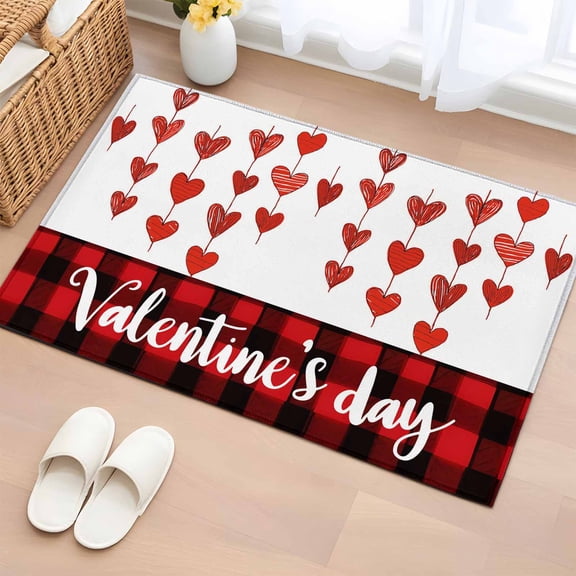 Area Rug 2 x 3 Ft, Valentines Day Indoor Accent Bathroom Rugs for Kitchen/Laundry Room, Red Love Hearts Plaid Farmhouse Washable Non-Slip Runner Floor Mat for Entryway, Living Room