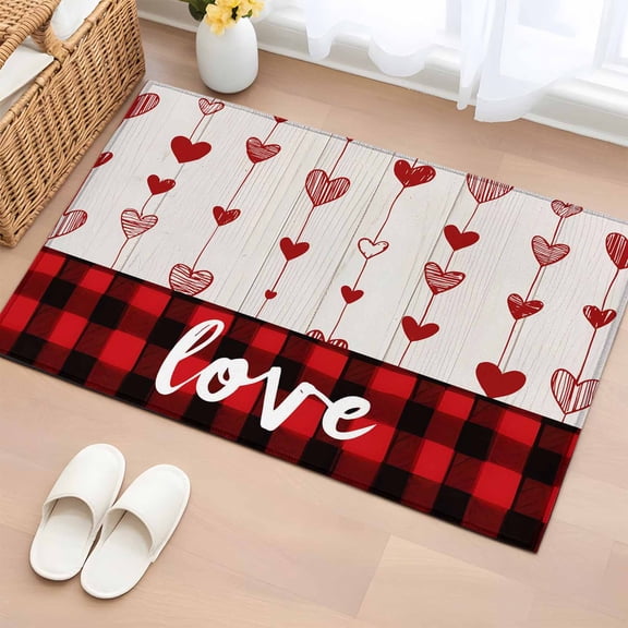 Area Rug 2 x 3 Ft, Valentines Day Indoor Accent Bathroom Rugs for Kitchen/Laundry Room, Red Love Hearts Wooden Plaid Rustic Washable Non-Slip Runner Floor Mat for Entryway, Living Room