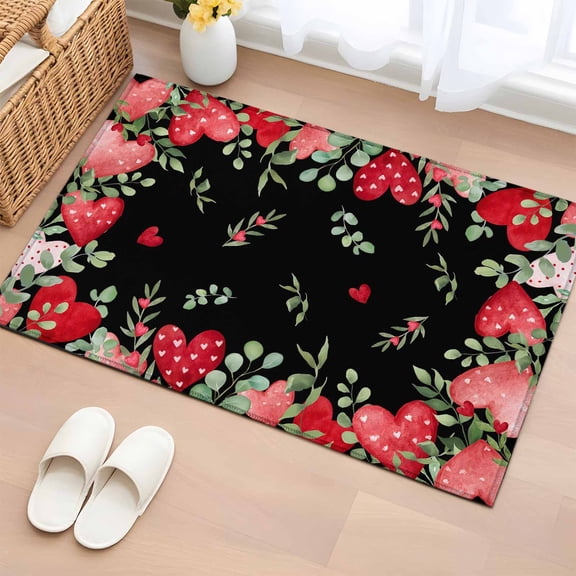 Area Rug 2 x 3 Ft, Valentines Love Heart Indoor Accent Bathroom Rugs for Kitchen/Laundry Room, Eucalyptus Red Love Heart Black Washable Non-Slip Runner Floor Mat for Entryway, Living Room