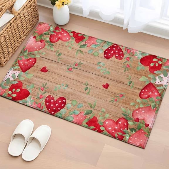 Area Rug 2 x 3 Ft, Valentines Love Heart Indoor Accent Bathroom Rugs for Kitchen/Laundry Room, Eucalyptus Red Love Heart Wooden Washable Non-Slip Runner Floor Mat for Entryway, Living Room