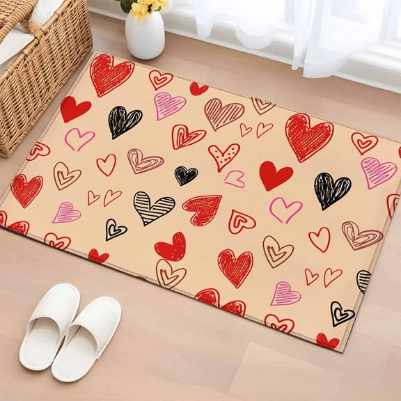 Area Rug 2 x 3 Ft, Valentines Love Heart Indoor Accent Bathroom Rugs for Kitchen/Laundry Room, Romantic Red Black Washable Non-Slip Runner Floor Mat for Entryway, Living Room