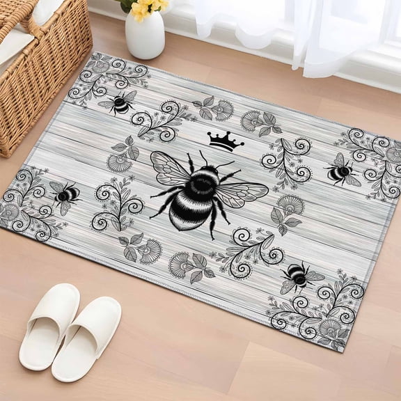 Area Rug 2 x 3 Ft, Vintage Bees Crowns Indoor Accent Bathroom Rugs for Kitchen/Laundry Room, Retro Leaves Rings Gray Wooden Washable Non-Slip Runner Floor Mat for Entryway, Living Room