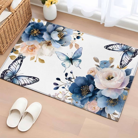 Area Rug 2 x 3 Ft, Vintage Blue Floral Indoor Accent Bathroom Rugs for Kitchen/Laundry Room, Farmhouse Watercolor Flower Butterflies Washable Non-Slip Runner Floor Mat for Entryway, Living Room