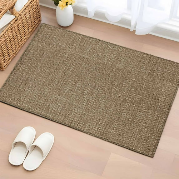 Area Rug 2 x 3 Ft, Vintage Brown Indoor Accent Bathroom Rugs for Kitchen/Laundry Room, Farmhouse Retro Dark Solid Color Linen Texture Washable Non-Slip Runner Floor Mat for Entryway, Living Room
