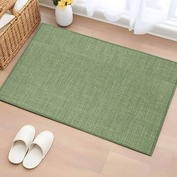 Area Rug 2 x 3 Ft, Vintage Forest Green Indoor Accent Bathroom Rugs for Kitchen/Laundry Room, Farmhouse Retro Solid Color Linen Texture Washable Non-Slip Runner Floor Mat for Entryway, Living Room