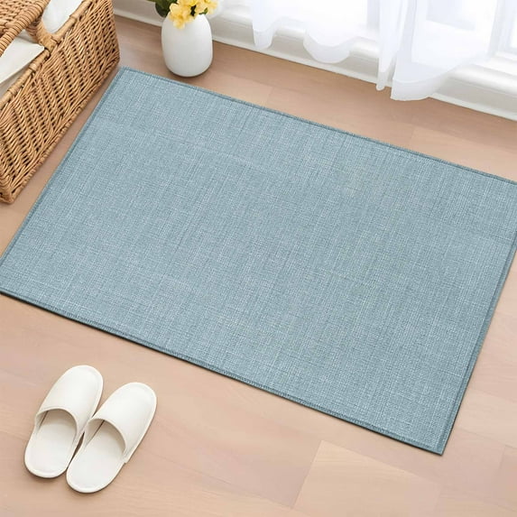 Area Rug 2 x 3 Ft, Vintage Haze Blue Indoor Accent Bathroom Rugs for Kitchen/Laundry Room, Farmhouse Retro Solid Color Linen Texture Washable Non-Slip Runner Floor Mat for Entryway, Living Room