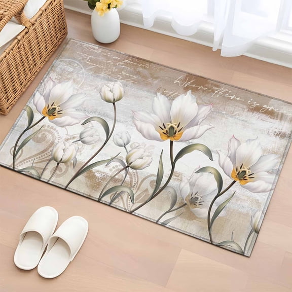Area Rug 2 x 3 Ft, Vintages Flowers Indoor Accent Bathroom Rugs for Kitchen/Laundry Room, Country Farmhouse Retro Botanical Floral Washable Non-Slip Runner Floor Mat for Entryway, Living Room
