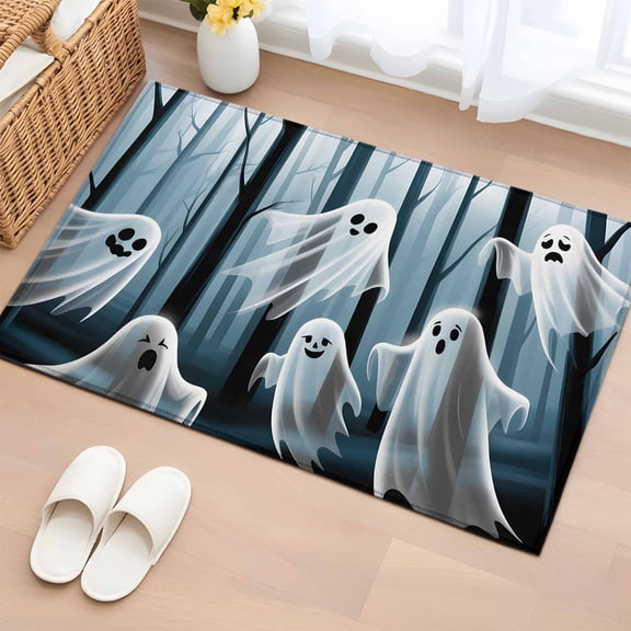 Area Rug 2 x 3 Ft, White Cute Ghost Halloween Indoor Accent Bathroom Rugs for Kitchen/Laundry Room, Silhouettes Forest Branches Washable Non-Slip Runner Floor Mat for Entryway, Living Room