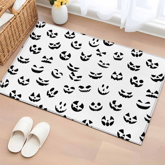 Area Rug 2 x 3 Ft, White Halloween Indoor Accent Bathroom Rugs for Kitchen/Laundry Room, Horror Ghost Pumpkin Faces Washable Non-Slip Runner Floor Mat for Entryway, Living Room