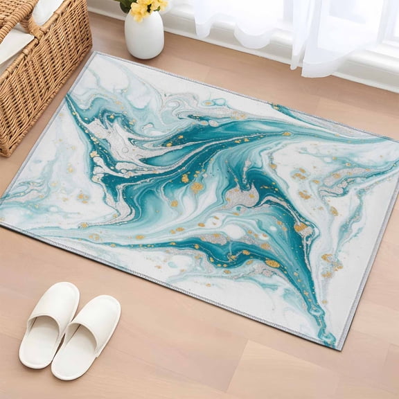 Area Rug 2 x 3 Ft, White Teal Marble Indoor Accent Bathroom Rugs for Kitchen/Laundry Room, Modern Abstract Art Marble Fluid Washable Non-Slip Runner Floor Mat for Entryway, Living Room