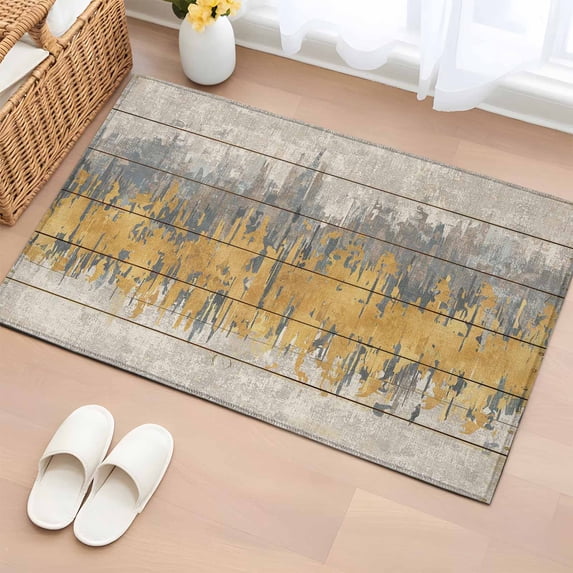 Area Rug 2 x 3 Ft, Yellow Grey Abstract Indoor Accent Bathroom Rugs for Kitchen/Laundry Room, Gradient Geometric Graffiti Retro Wooden Washable Non-Slip Runner Floor Mat for Entryway, Living Room
