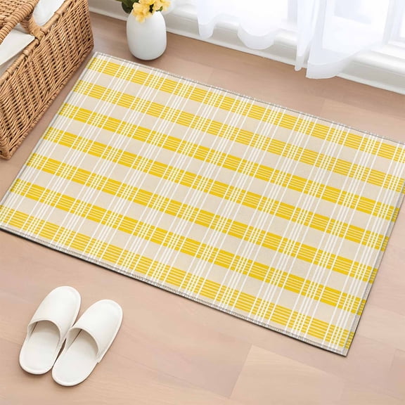 Area Rug 2 x 3 Ft, Yellow Plaid Striped Indoor Accent Bathroom Rugs for Kitchen/Laundry Room, Farmhouse Checkered Modern Abstract Art Washable Non-Slip Runner Floor Mat for Entryway, Living Room