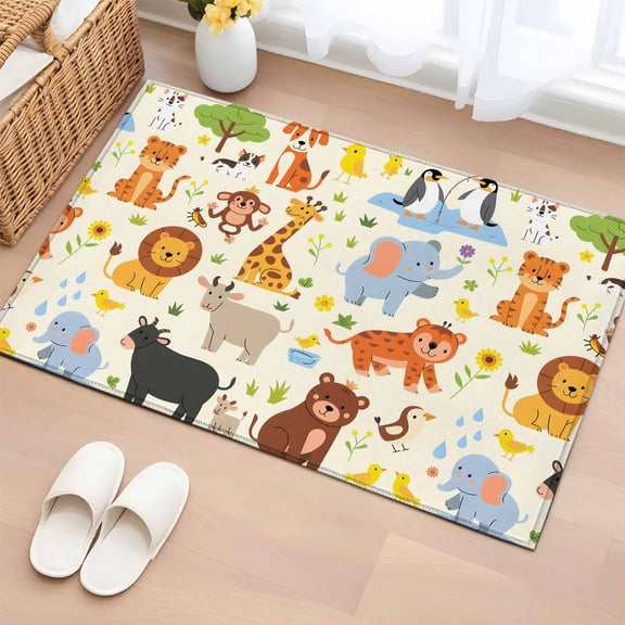 Area Rug 2 x 3 Ft, Zoo Animals Indoor Accent Bathroom Rugs for Kitchen/Laundry Room, Cute Funny Cow Lion Cartoon Washable Non-Slip Runner Floor Mat for Entryway, Living Room
