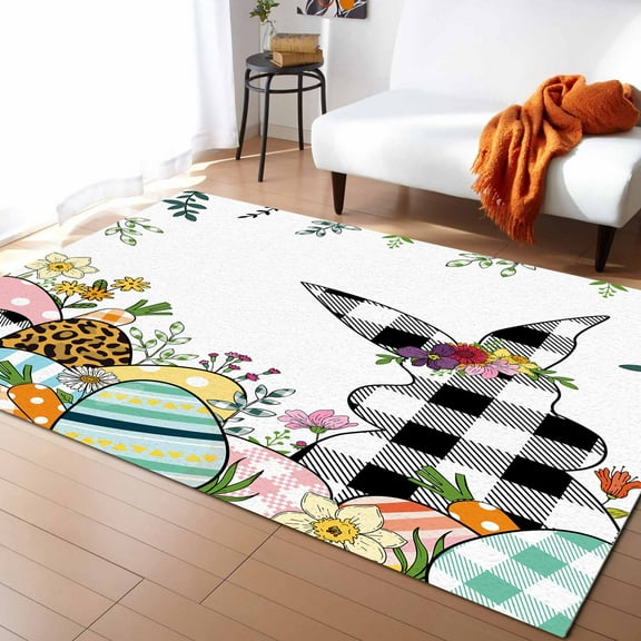 Area Rug 2'x3' Easter Bunny Plaid Rabbit Eggs Carrot Spring Flower Plant Washable Area Rugs Non Shedding Floor Carpet Rubber Backing Non-Slip Indoor Mats for Living Room Bedroom Kitchen