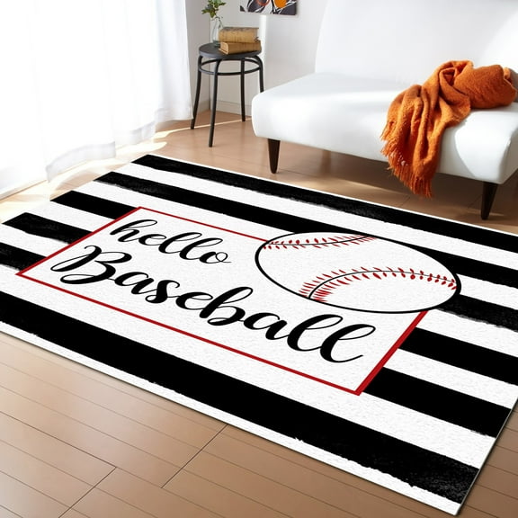 Area Rug 2'x3' Hello Baseball on Black White Stripes Washable Area Rugs Non Shedding Floor Carpet Rubber Backing Non-Slip Indoor Mats for Living Room Bedroom Kitchen