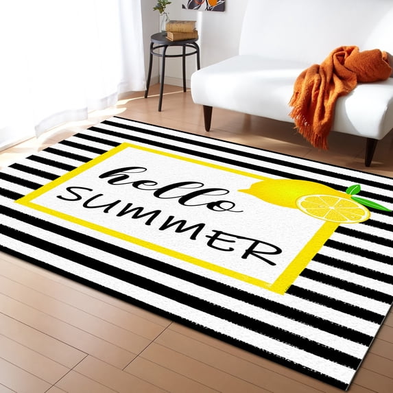 Area Rug 2'x3' Hello Summer Yellow Lemon Black White Stripe Washable Area Rugs Non Shedding Floor Carpet Rubber Backing Non-Slip Indoor Mats for Living Room Bedroom Kitchen
