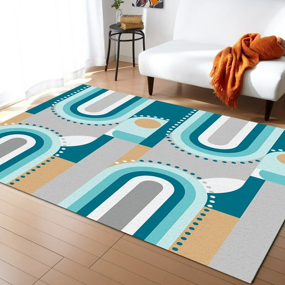 Area Rug 2'x3' Mid-Century Modern Art Geometric Abstract Blue Washable Area Rugs Non Shedding Floor Carpet Rubber Backing Non-Slip Indoor Mats for Living Room Bedroom Kitchen